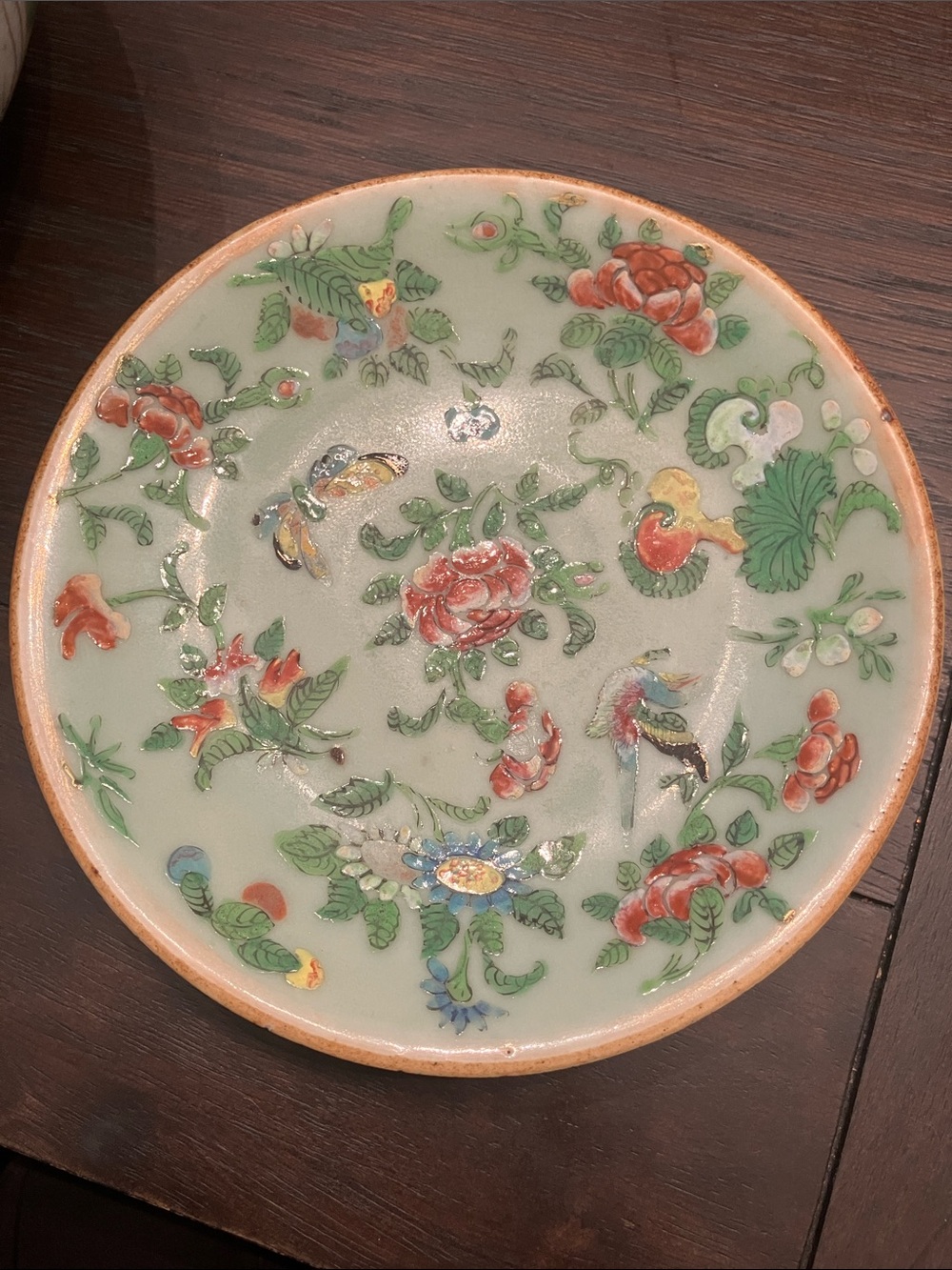 Antique Celadon Floral Plate Rose Famille